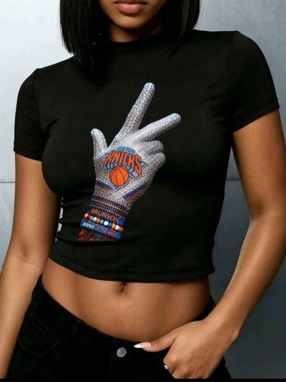 Black Graphic Crop Tee - Knicks
